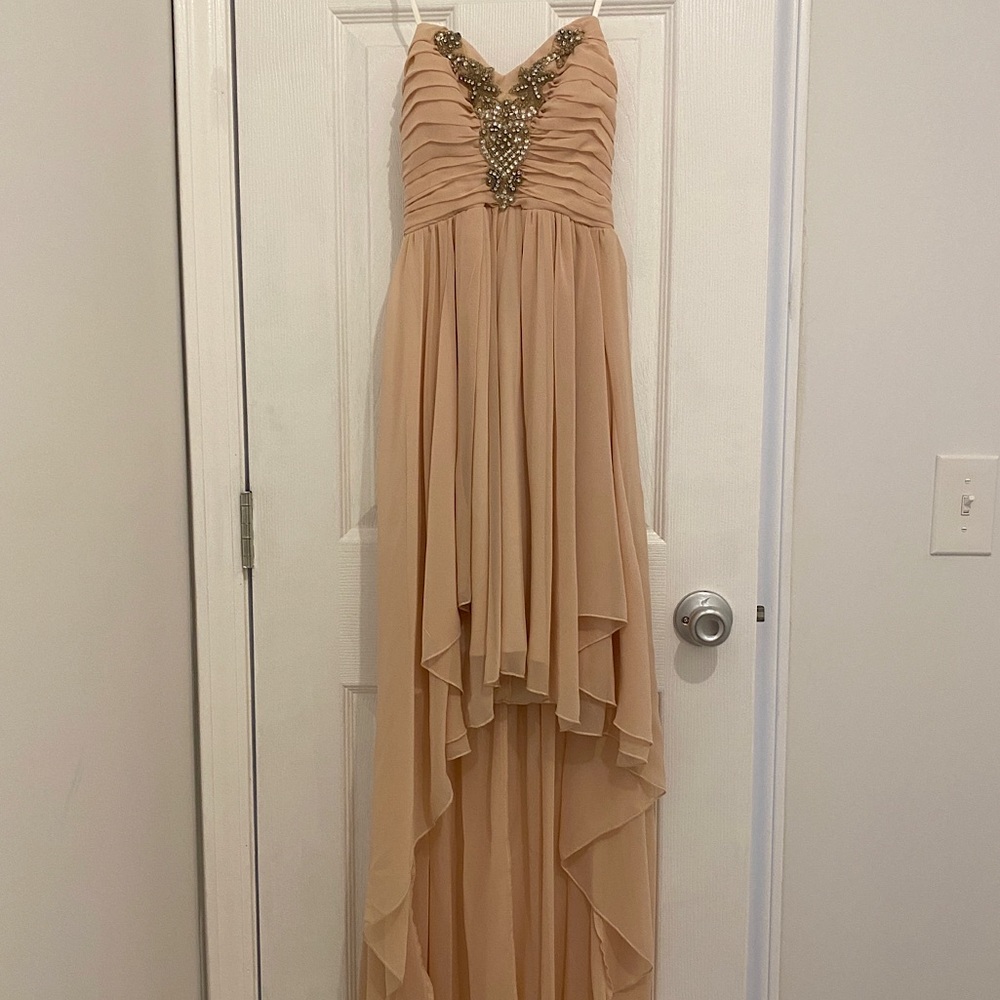 Strapless peach/blush high-low formal dress